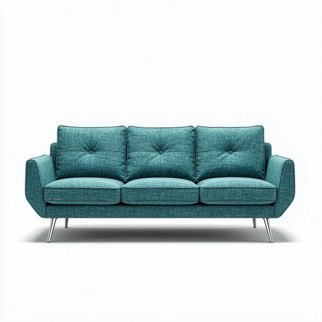 Three-seater sofa in teal woven fabric with metal legs 200 x 90 x 85cm