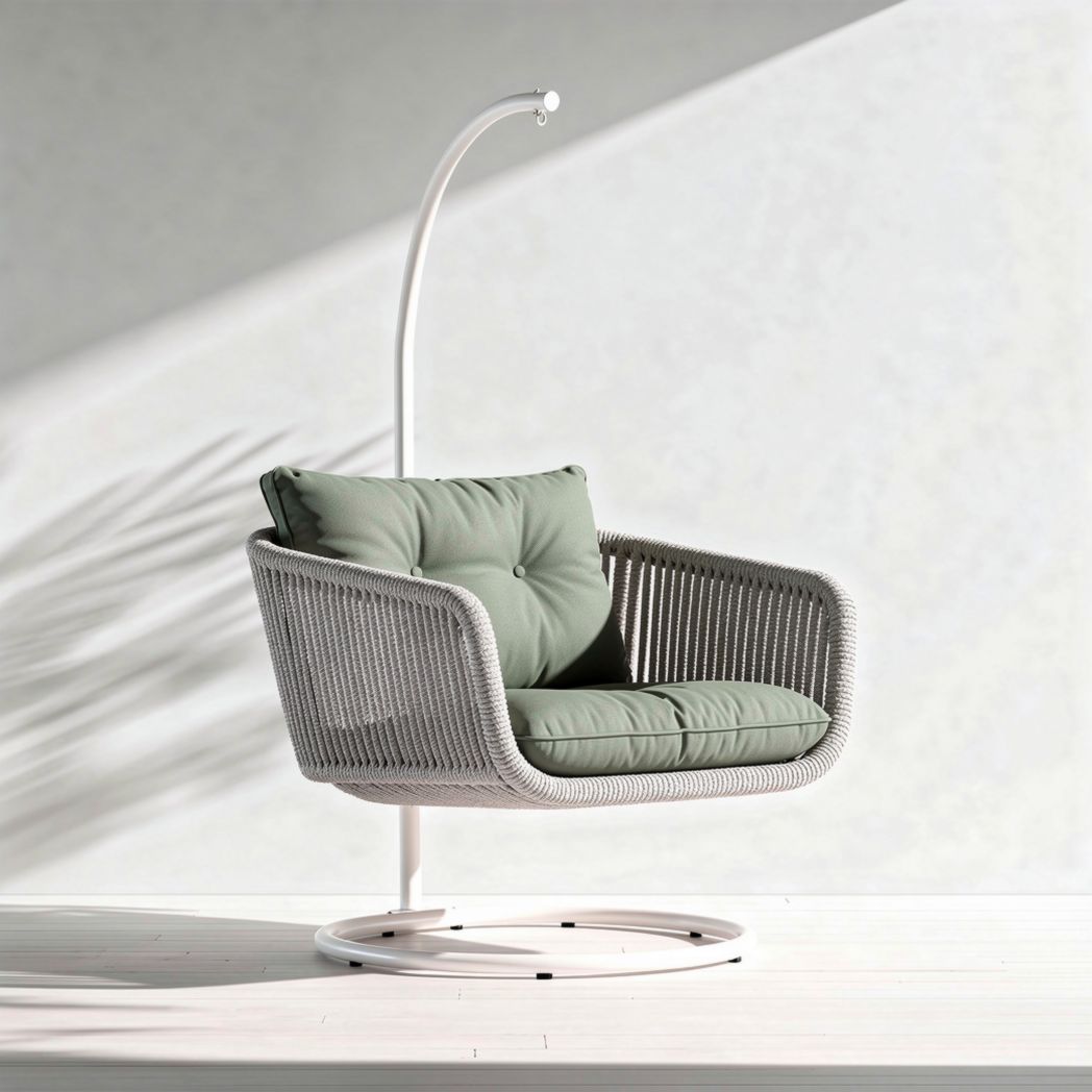 Swing chair with metal base and green cushion 90 x 80 x 100cm