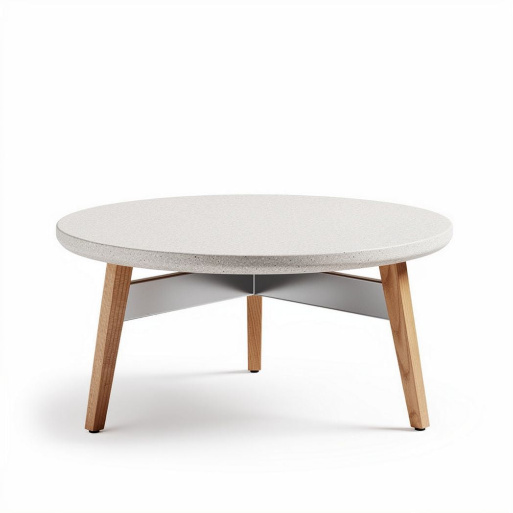 Round coffee table with wooden legs and stone top 70 x 70 x 40cm