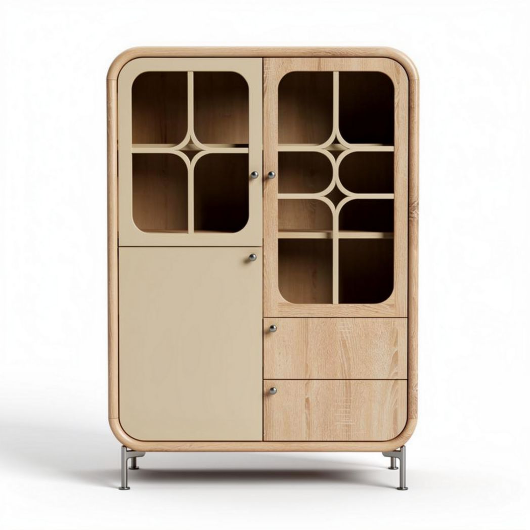 Wooden storage cabinet with glass doors and drawers 80 x 40 x 120cm beige and oak