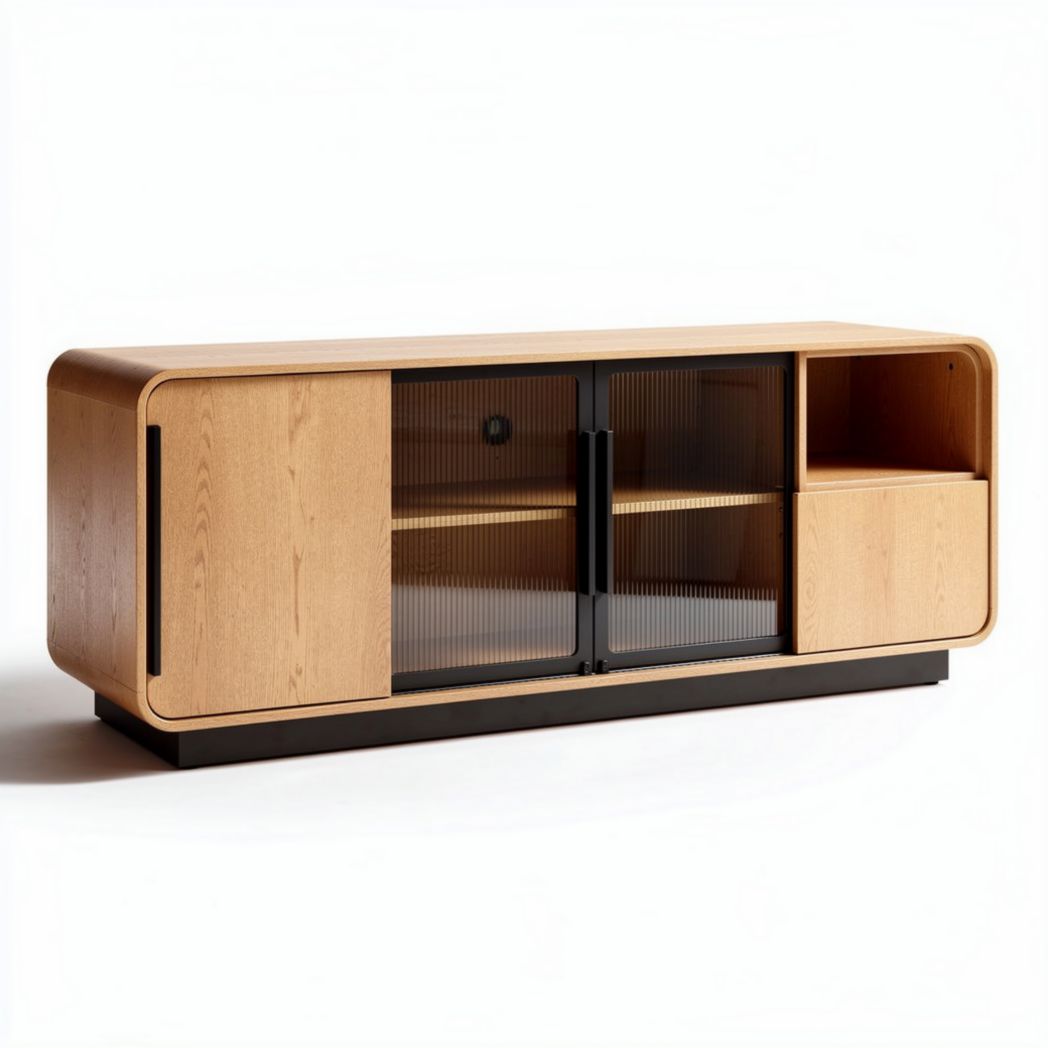 Oak wood media console with glass doors and open storage 130 x 45 x 55cm