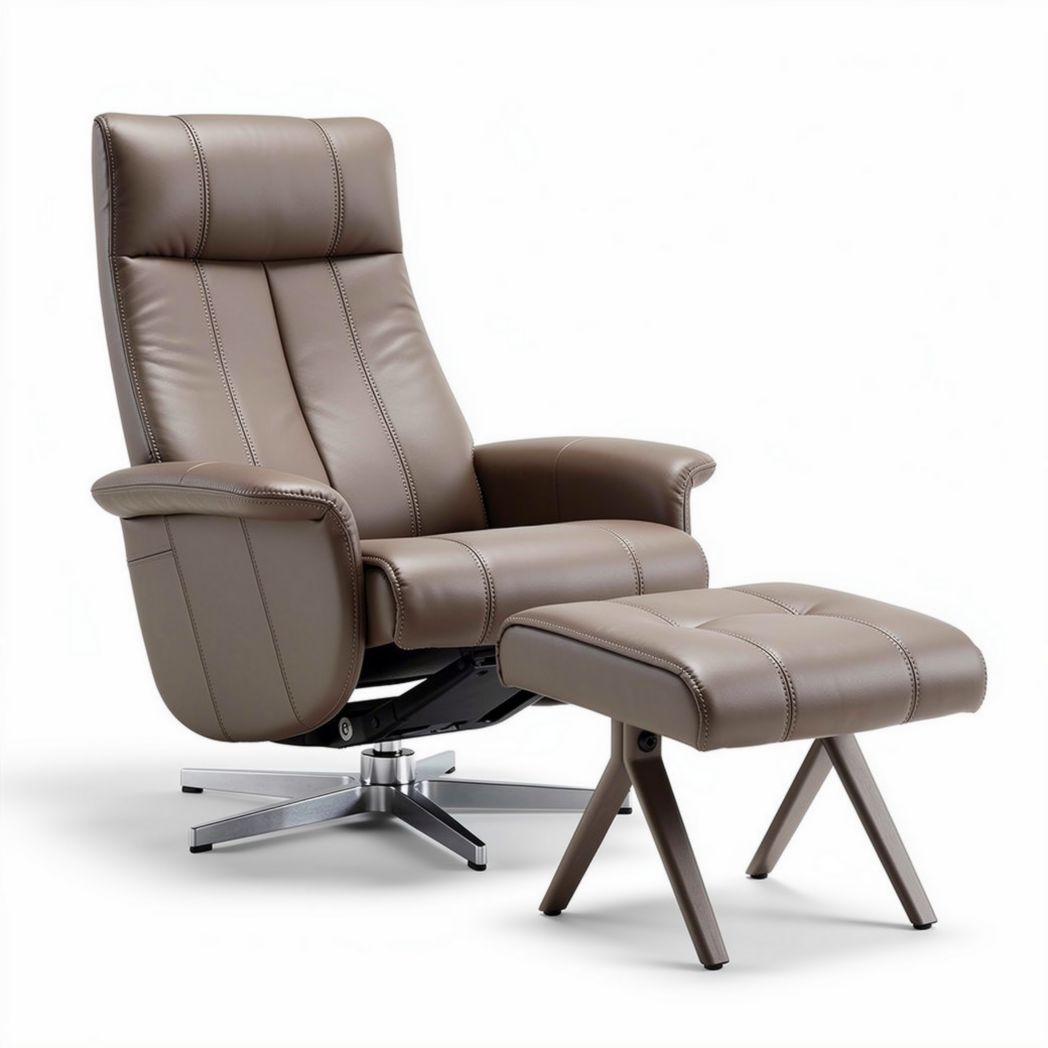 Leather recliner chair with matching ottoman in brown 90 x 80 x 110cm