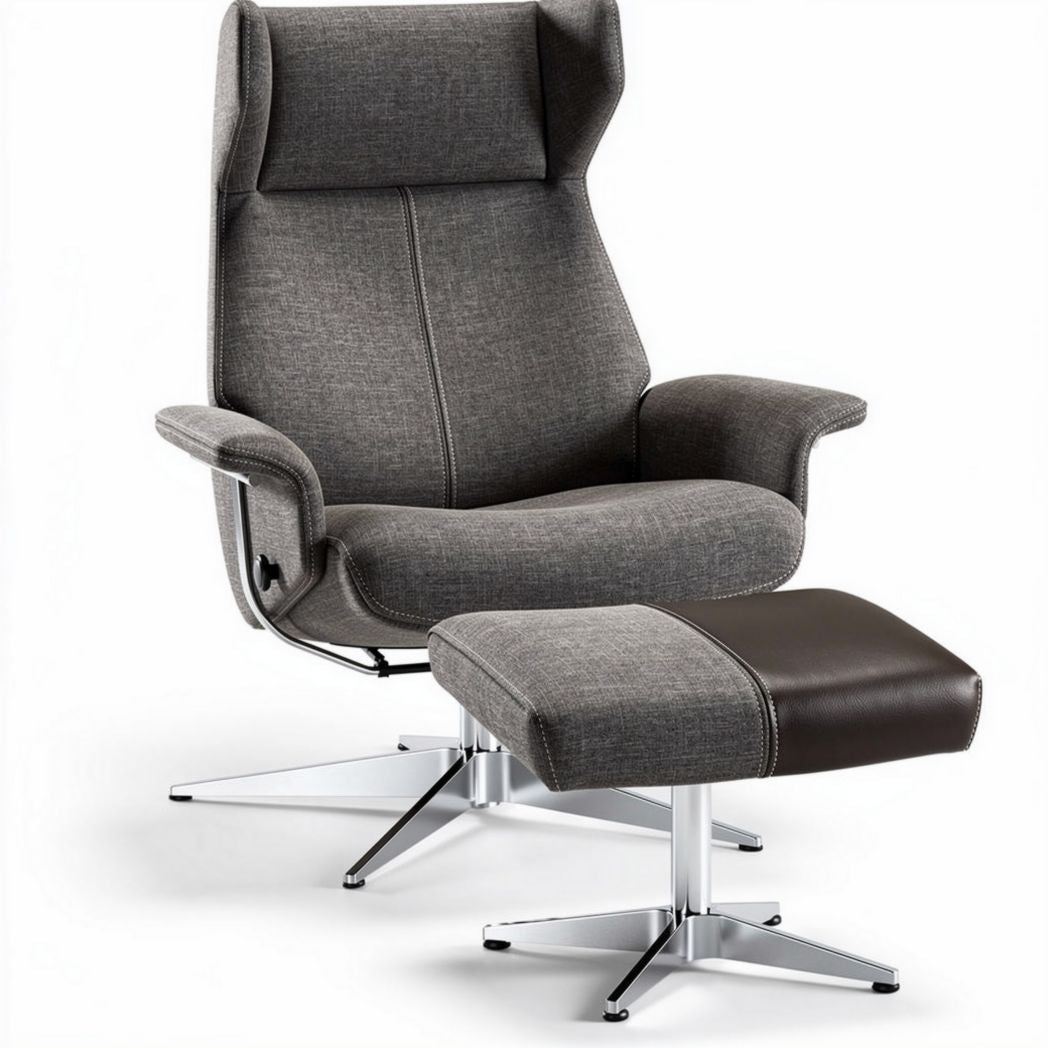 Fabric recliner chair with swivel base and matching ottoman in gray and brown