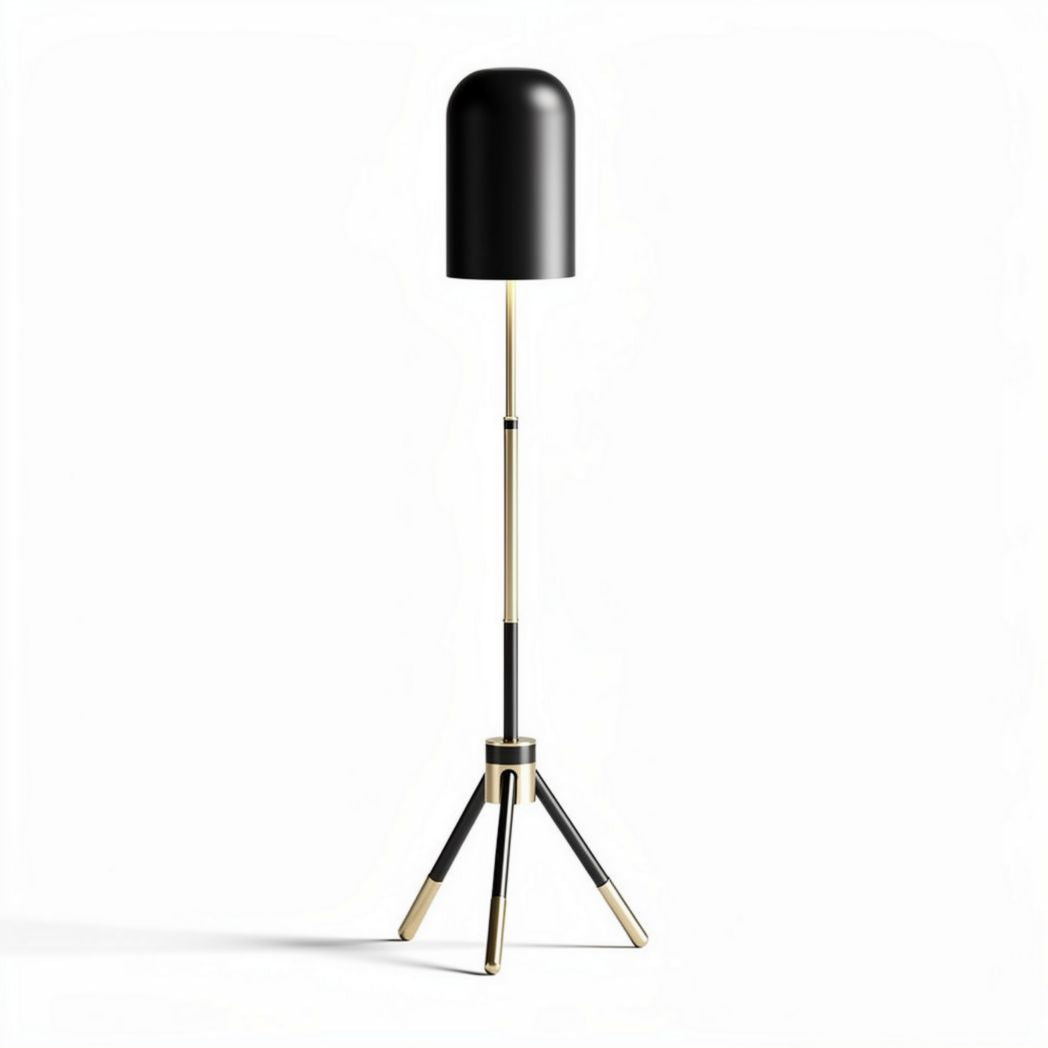 Black metal floor lamp with tripod base and gold accents 150cm tall