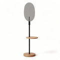 Standing mirror with shelf and wooden base in gray and black color