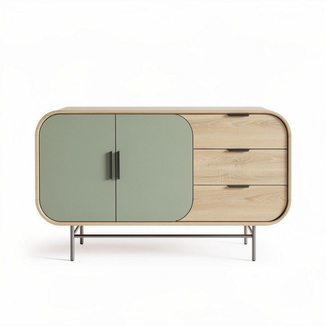 Wooden sideboard with green door and three drawers 90 x 40 x 75cm
